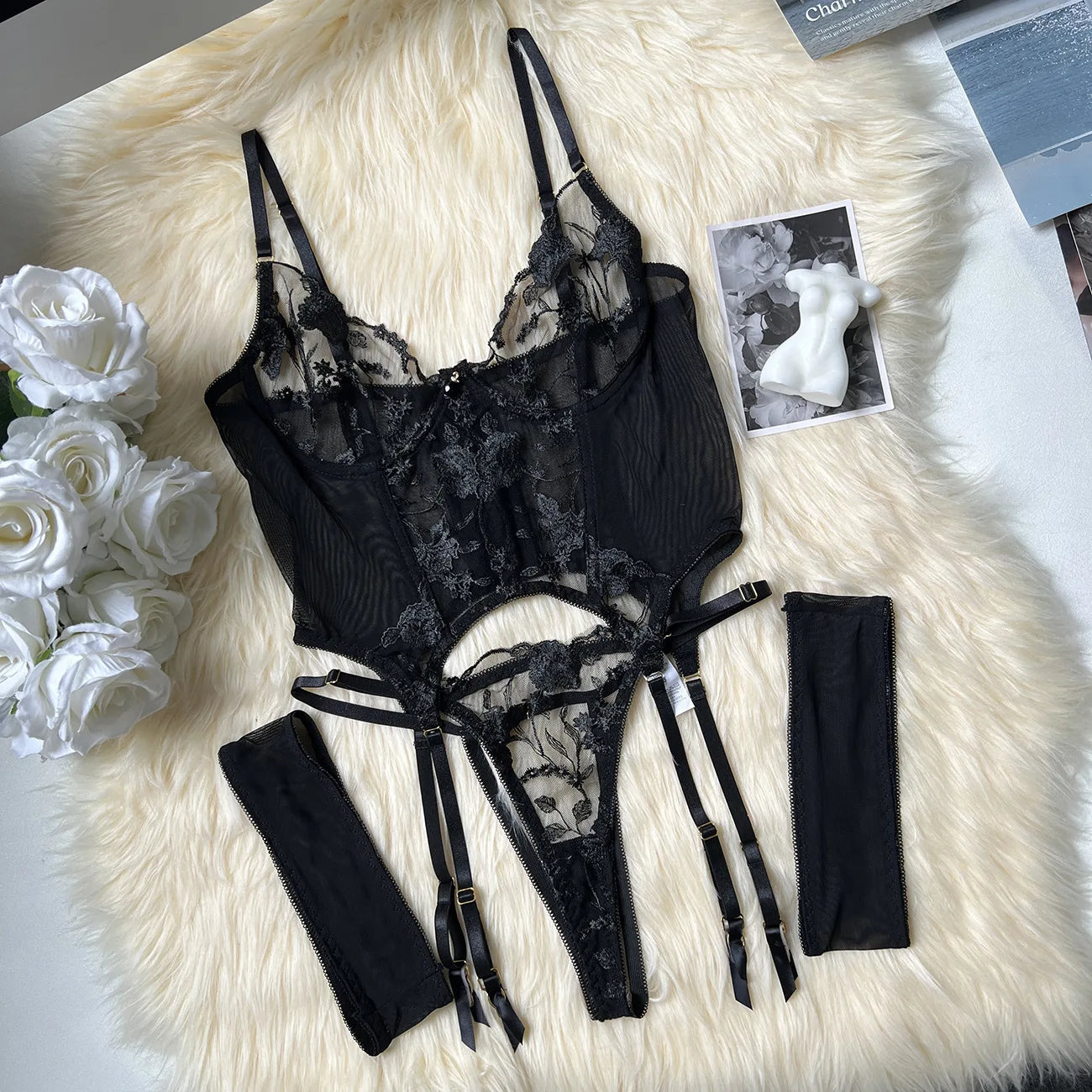Midnight Bloom Lace Lingerie Set