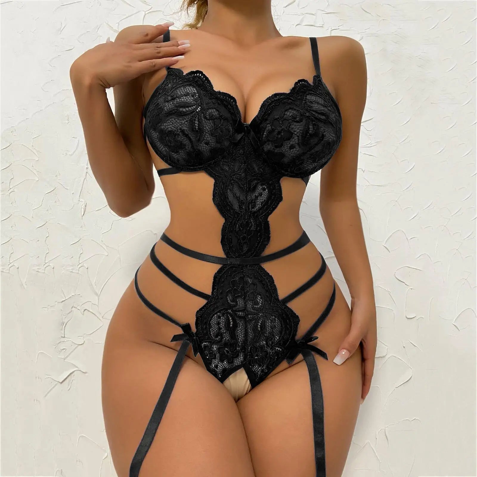 Midnight Bloom Strappy Lace Bodysuit