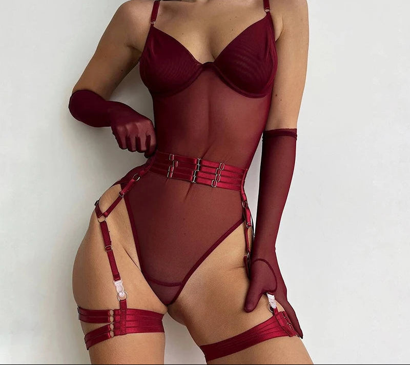 Crimson Vice Sheer Bodysuit Set